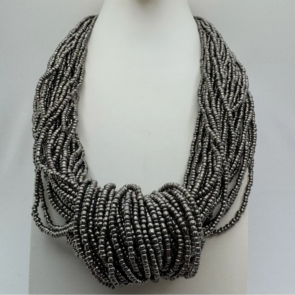 Multi Strand Gunmetal Seed Bead Statement Necklace Bold Weighted Boho Chunky